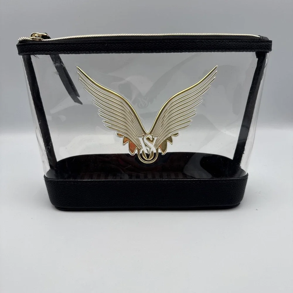 Victoria's Secret Clear Black Makeup Bag‎ PVC Faux Leather Gold Angel Wings